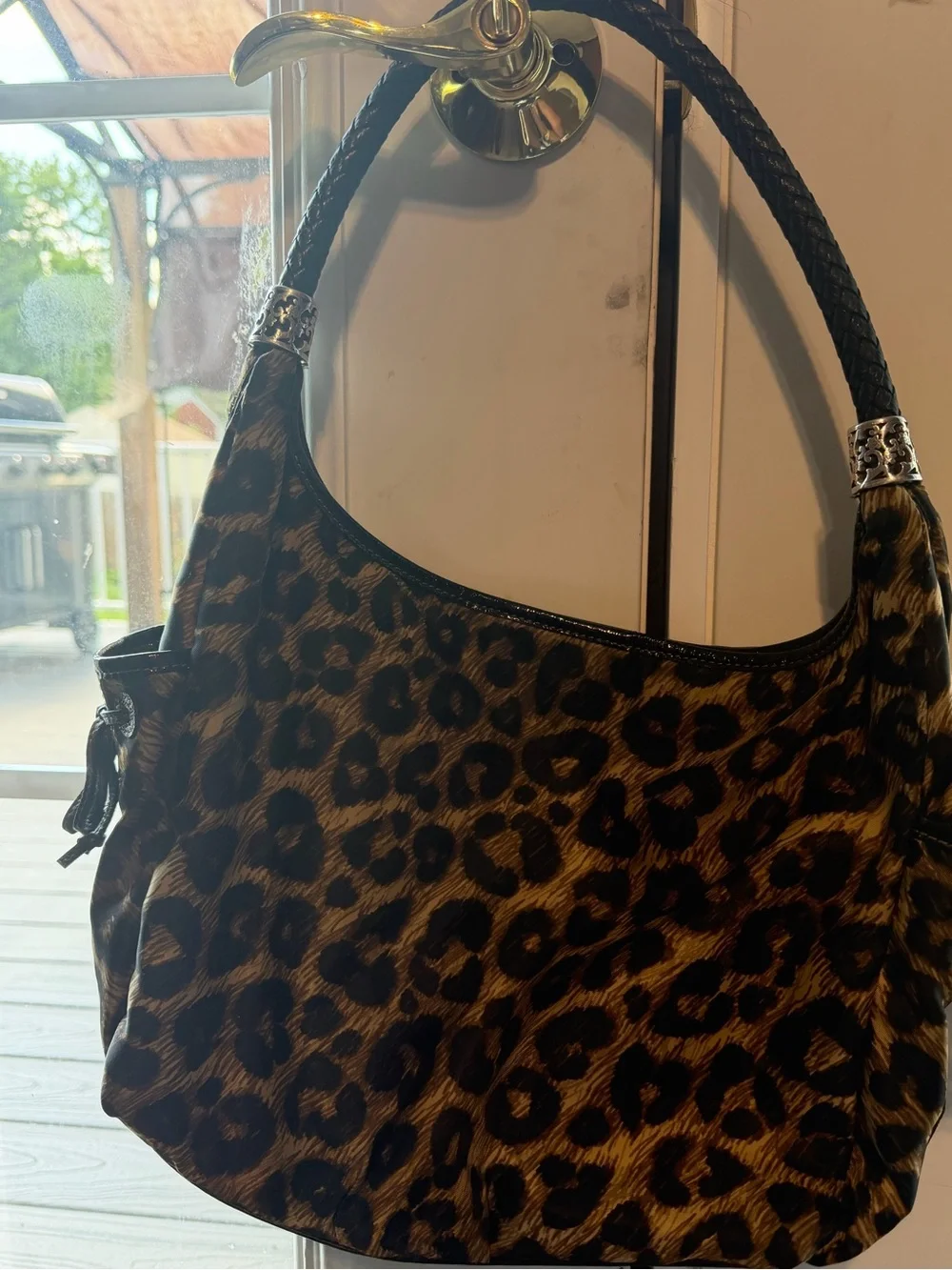 Leopard Print Shoulder Bag with Braided Black Handle